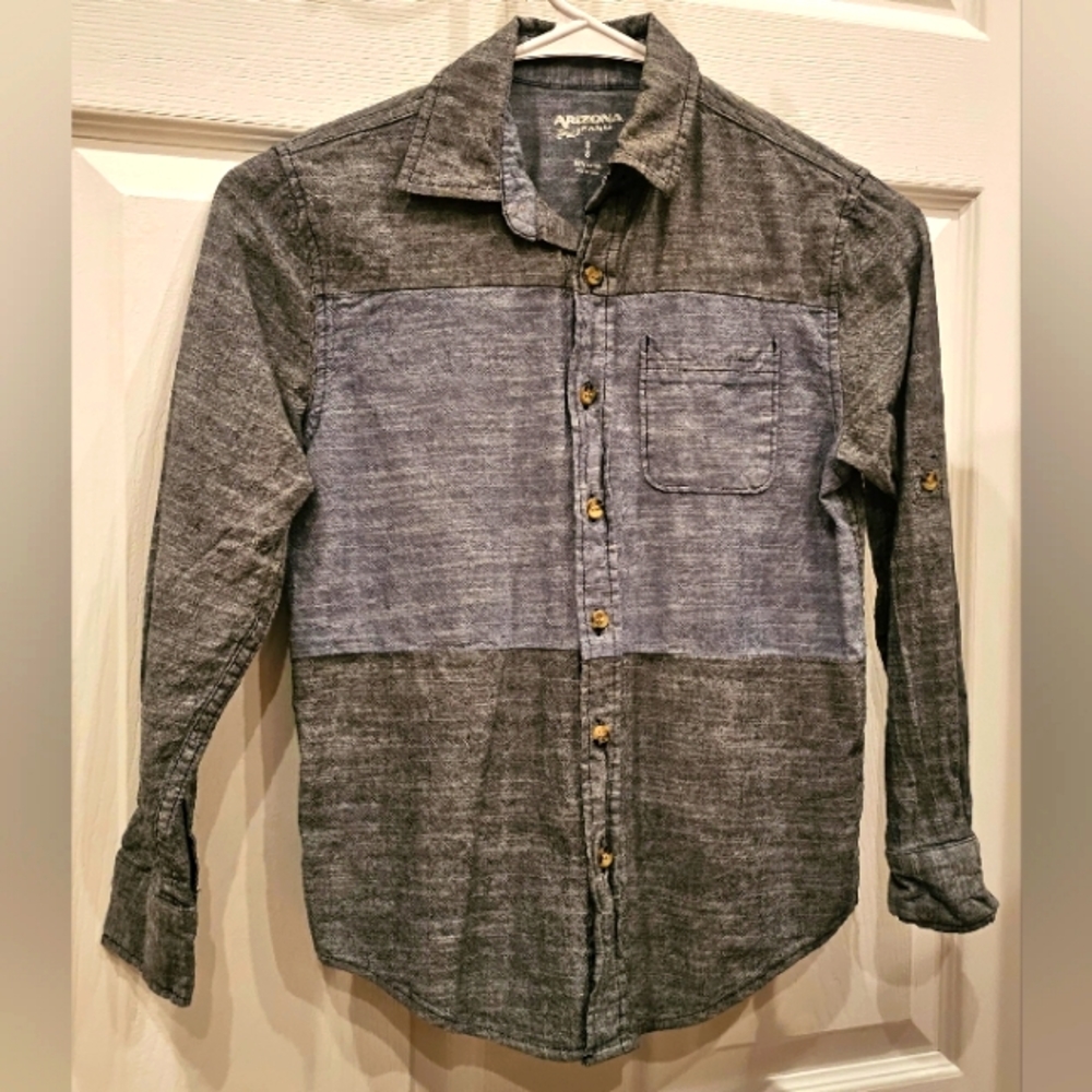 Boys Gray and Blue Button Down Shirt
